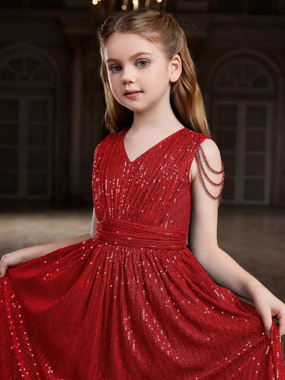 Additional product view of V-Neck Sequin A-Line Sleeveless Maxi Tween Girls' Party Dress