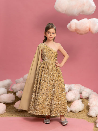Tween Girls' One-Shoulder Draped Side Sequin A-Line Dress — authorized product image 7