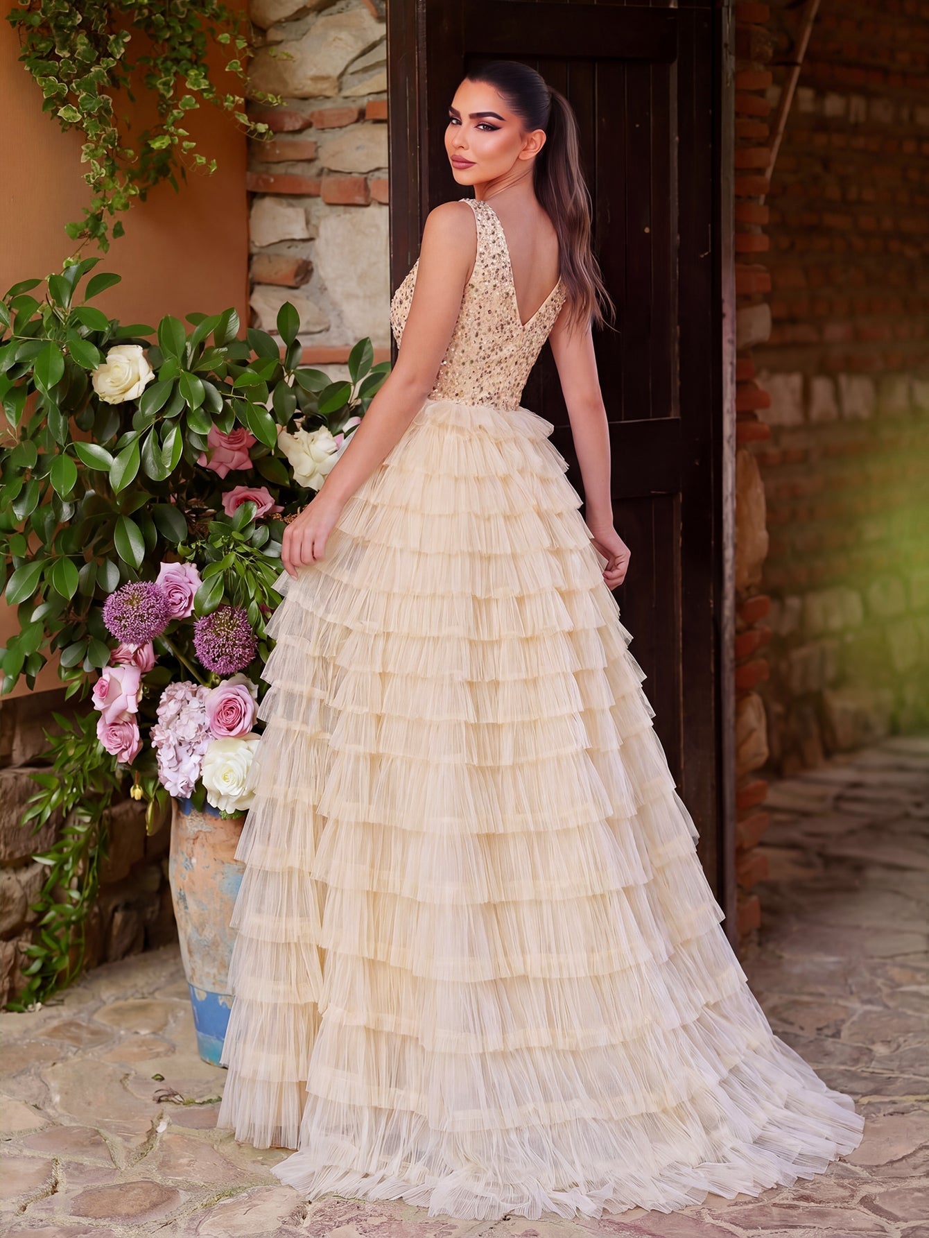 Plunging Sequin Ruffle Sleeveless A-Line Evening Gown — authorized product image 2