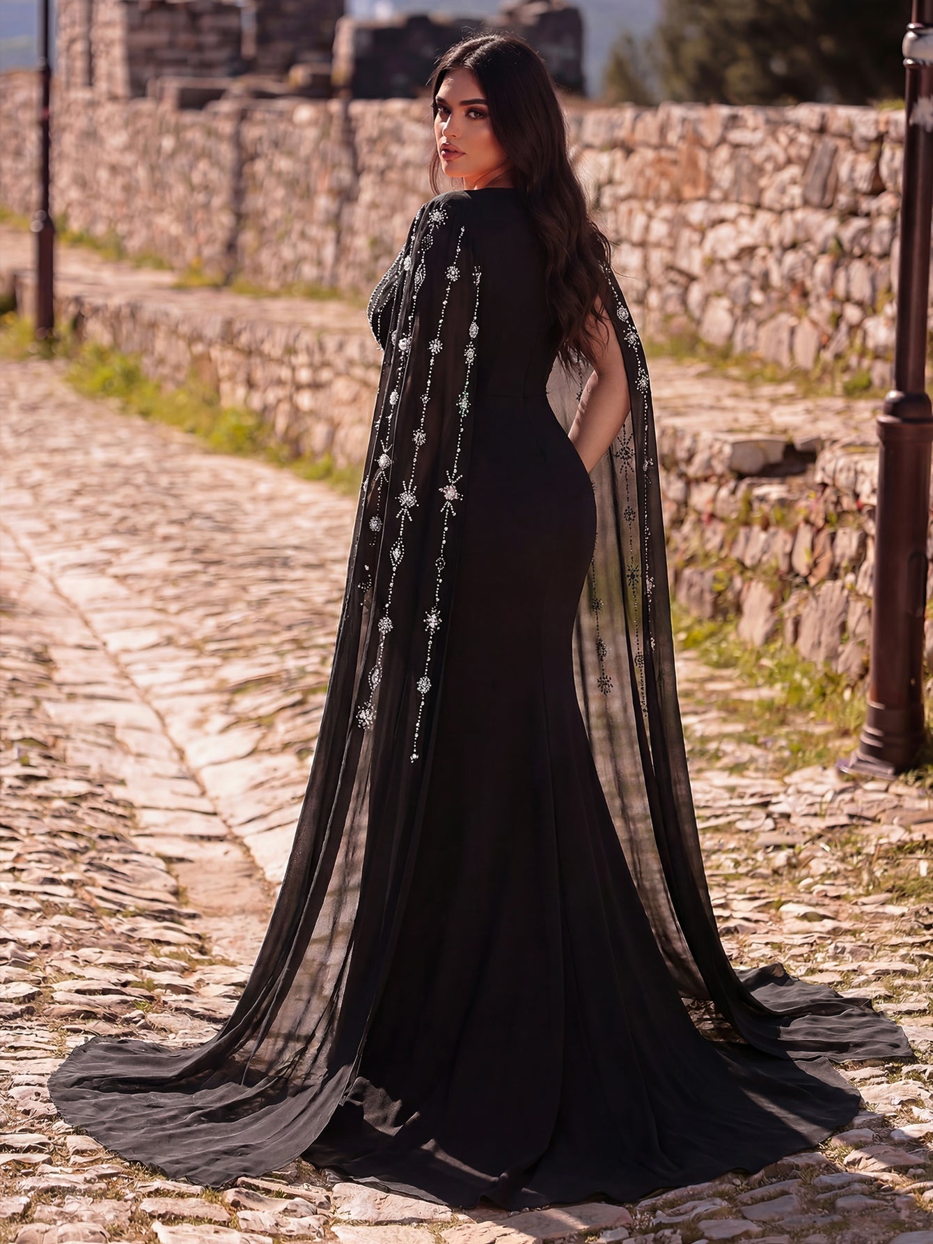 Plus-Size Round Neck Rhinestone Long-Sleeve Mermaid Evening Gown — authorized product image 2