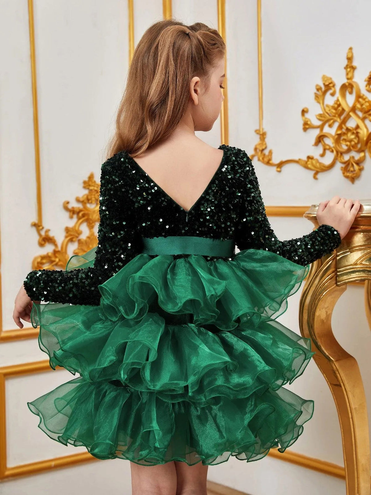 Additional product view of Sequin A-Line Long-Sleeve Midi Tween Girls' Party Dress