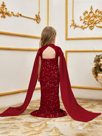 Additional product view of Cape-Sleeve Mock-Neck Sequin Mermaid Maxi Young Girls' Party Dress