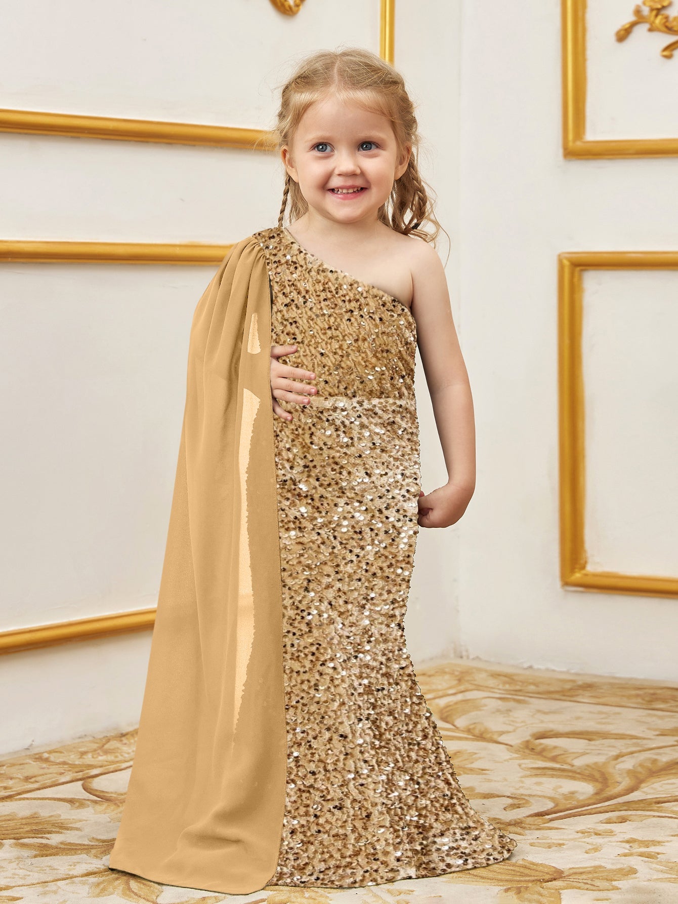 Additional product view of Draped Side One-Shoulder Sequin Mermaid Sleeveless Young Girls' Party Dress
