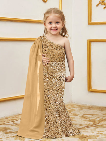 Additional product view of Draped Side One-Shoulder Sequin Mermaid Sleeveless Young Girls' Party Dress