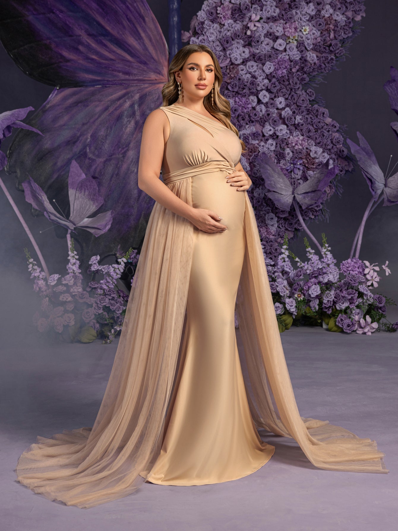 Additional product view of Contrast Mesh Plus-Size One-Shoulder Knit Mermaid Maternity Evening Dress