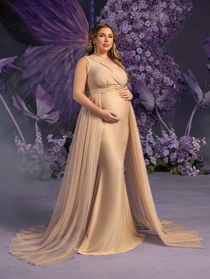 Additional product view of Contrast Mesh Plus-Size One-Shoulder Knit Mermaid Maternity Evening Dress