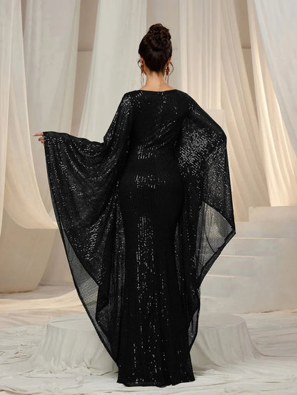 Elegant Plunging Neck Batwing Sleeves Mermaid Hem Sequin Formal Party Dress