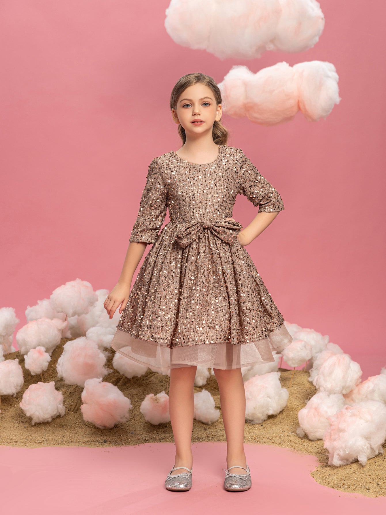 Additional product view of Three-Quarter-Sleeve Bow Detail Sequin A-Line Midi Tween Girls' Party Dress