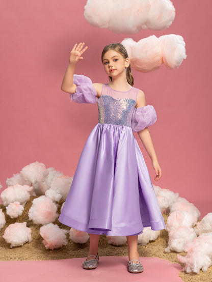 Additional product view of Puff-Sleeve Sequin A-Line Satin Midi Tween Girls' Party Dress