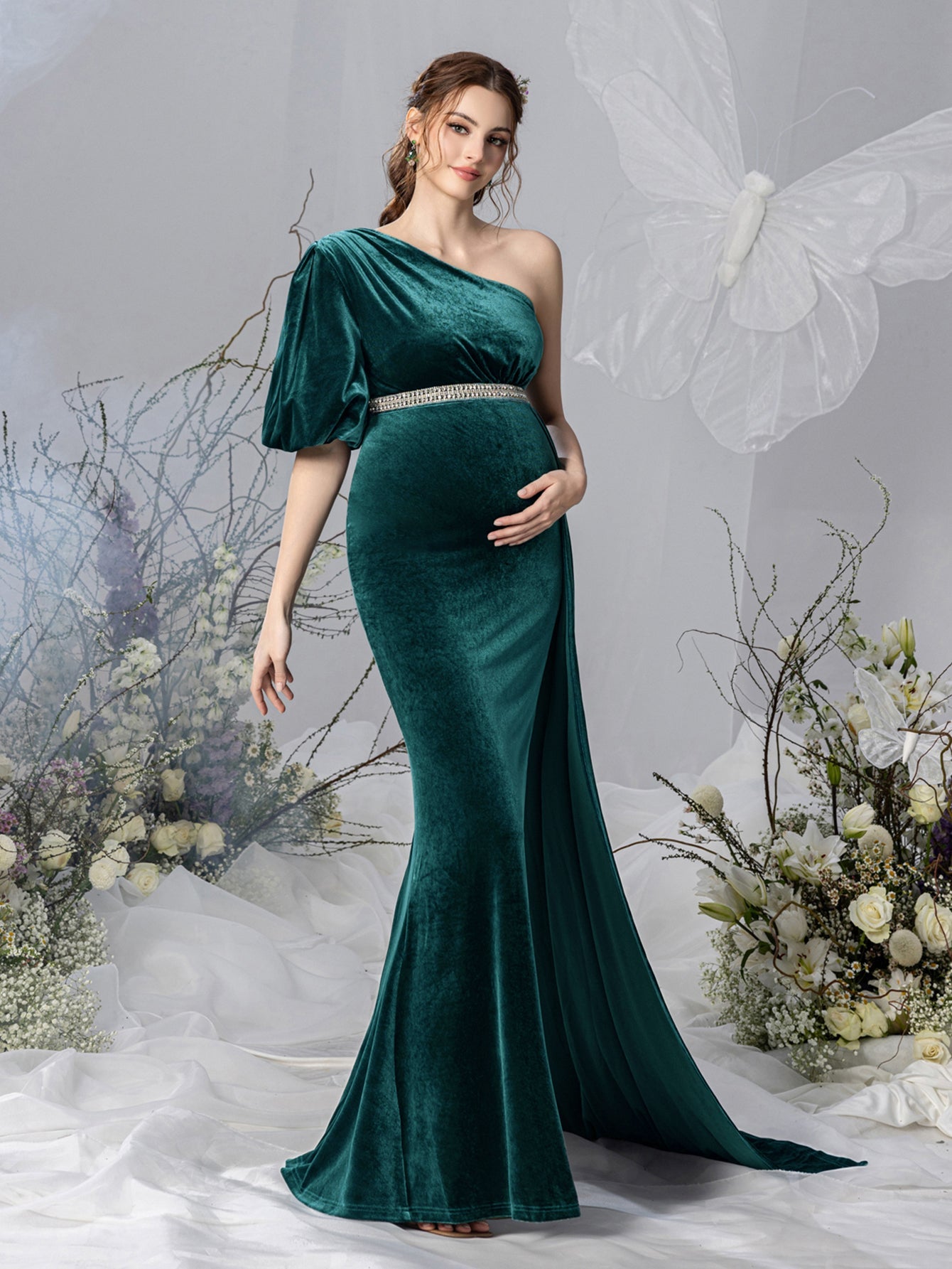 Maternity One-Shoulder Velvet Puff-Sleeve Mermaid Evening Gown — authorized product image 5
