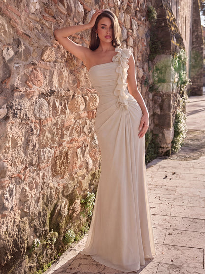 Apricot one-shoulder A-line evening gown front view