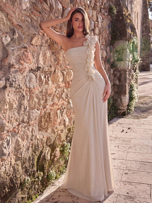 Apricot one-shoulder A-line evening gown front view