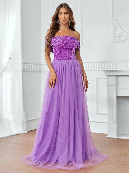 Off-Shoulder Sequin Bodice Mesh Hem Dress – view 3