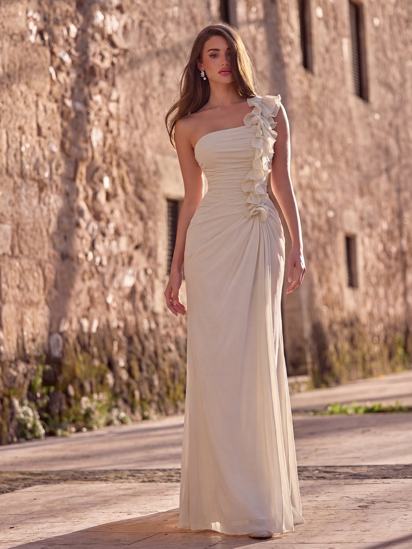 Ruched bodice detail on one-shoulder evening gown