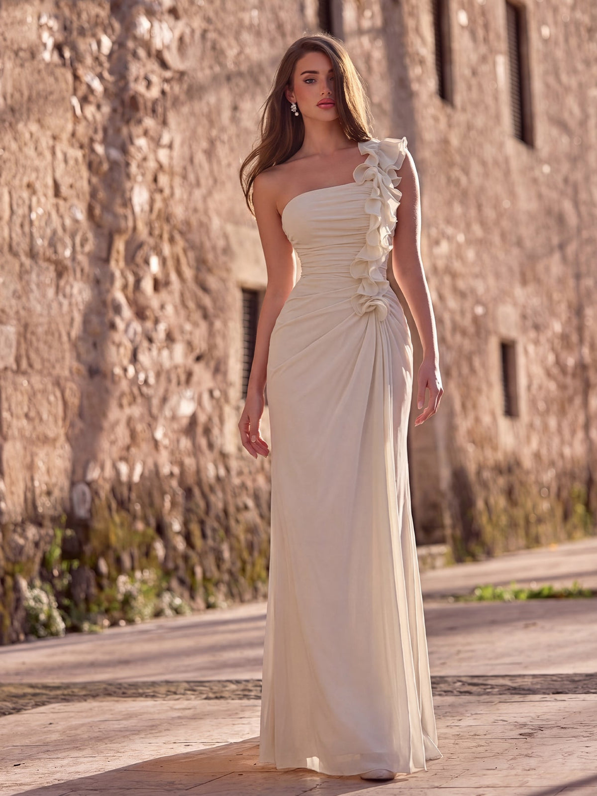 Ruched bodice detail on one-shoulder evening gown