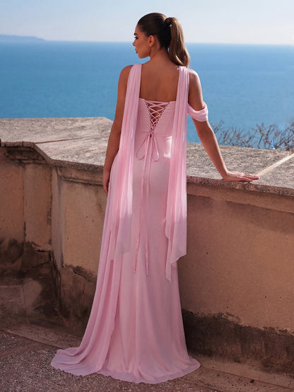 Additional product view of Lace-Up High-Slit Strapless Mermaid Sleeveless Evening Gown