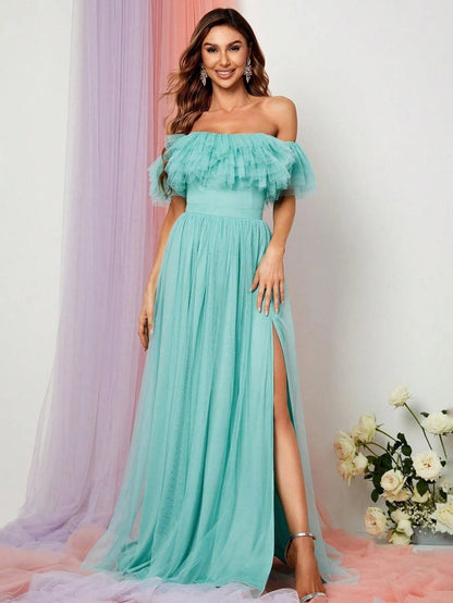 Additional product view of Ruffle Trim High-Slit Off-Shoulder Mesh A-Line Evening Gown