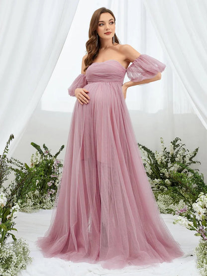 Additional product view of Mesh Overlay Puff-Sleeve Off-Shoulder A-Line Maxi Maternity Evening Dress