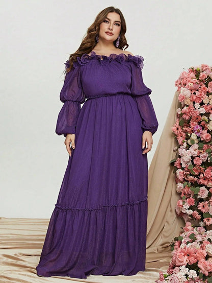 Plus Off Shoulder Ruffle Trim Chiffon Dress