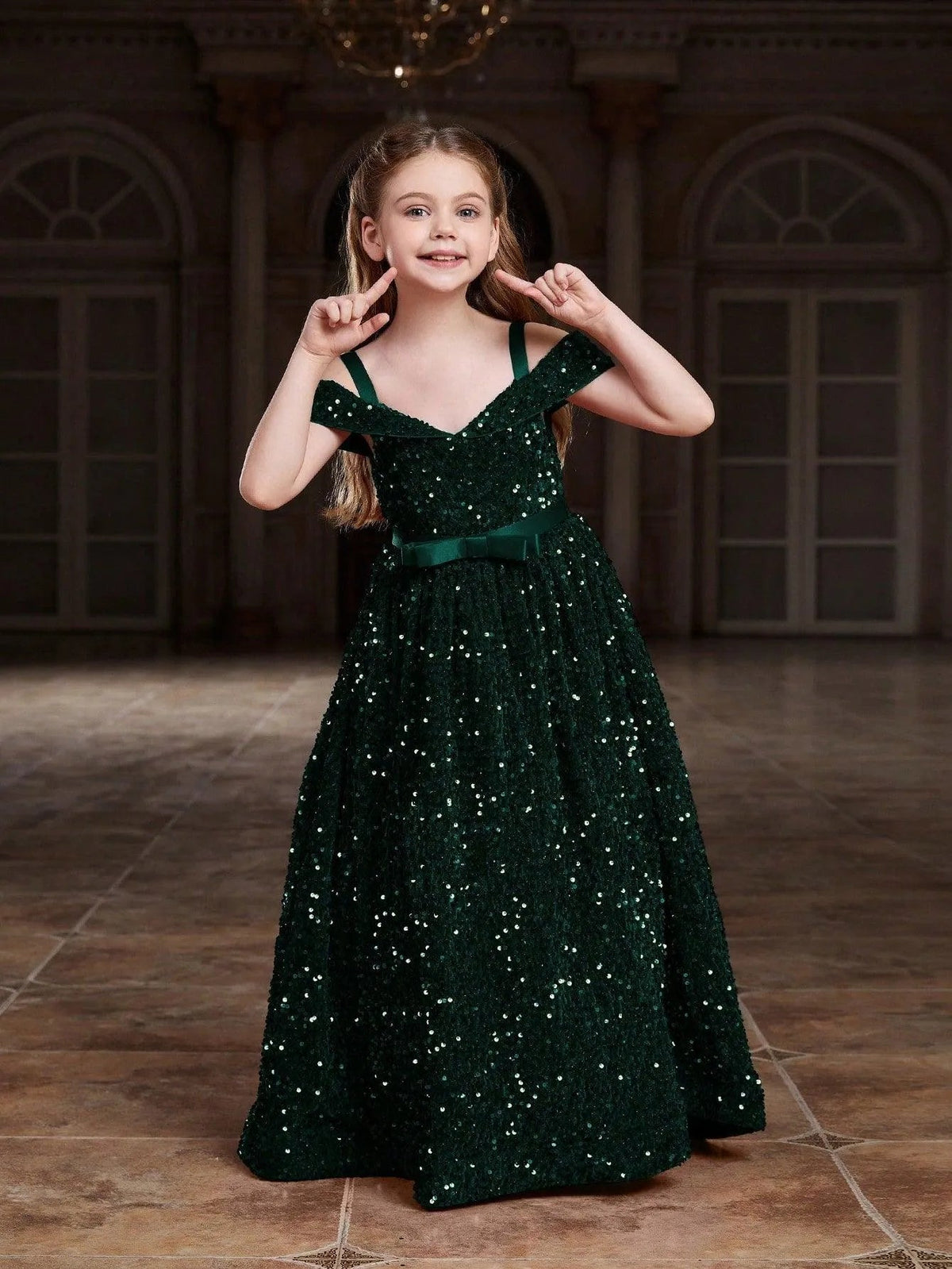 Additional product view of High-Low Hem Off-Shoulder Sequin A-Line Short-Sleeve Tween Girls' Party Dress