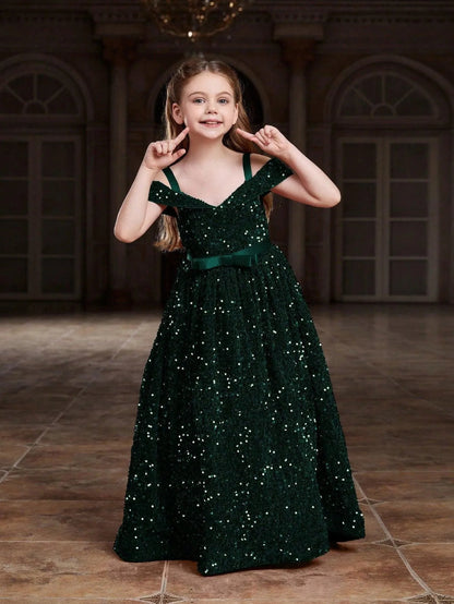 Additional product view of High-Low Hem Off-Shoulder Sequin A-Line Short-Sleeve Tween Girls' Party Dress