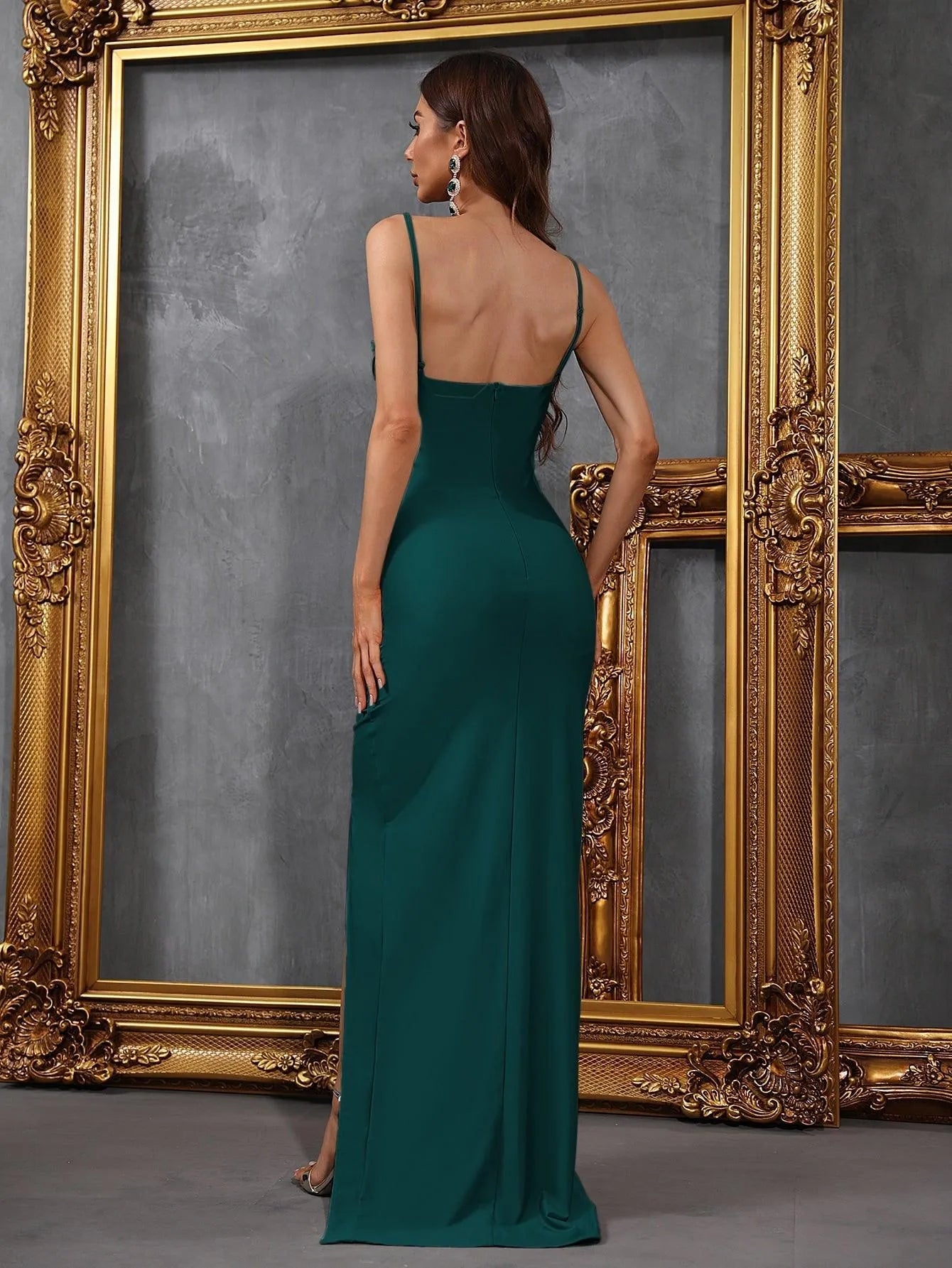 Additional product view of Cami Strap High-Slit Knit Sheath Sleeveless Evening Gown