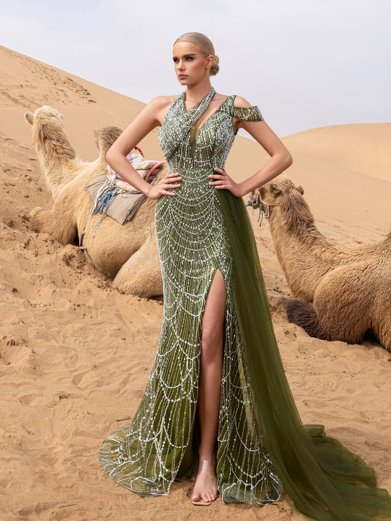 Gorgeous Asymmetrical Neck Draped Side Split Mermaid Hem Beaded Formal Dress Evening Gown – view 18