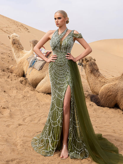 Gorgeous Asymmetrical Neck Draped Side Split Mermaid Hem Beaded Formal Dress Evening Gown – view 18