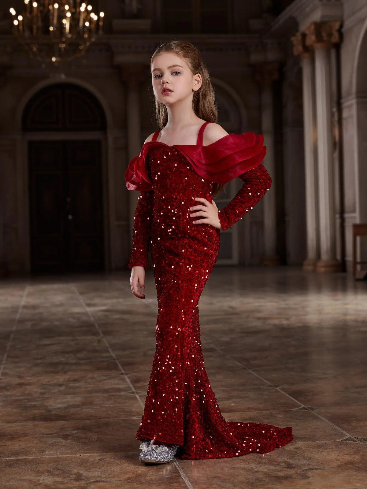 Additional product view of Ruffle Trim Off-Shoulder Sequin Mermaid Long-Sleeve Tween Girls' Party Dress