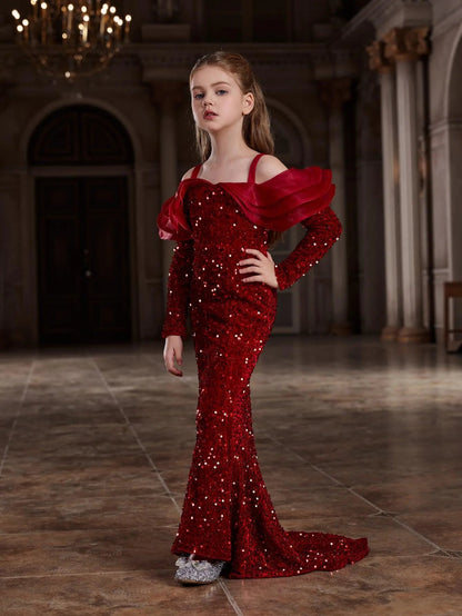 Additional product view of Ruffle Trim Off-Shoulder Sequin Mermaid Long-Sleeve Tween Girls' Party Dress