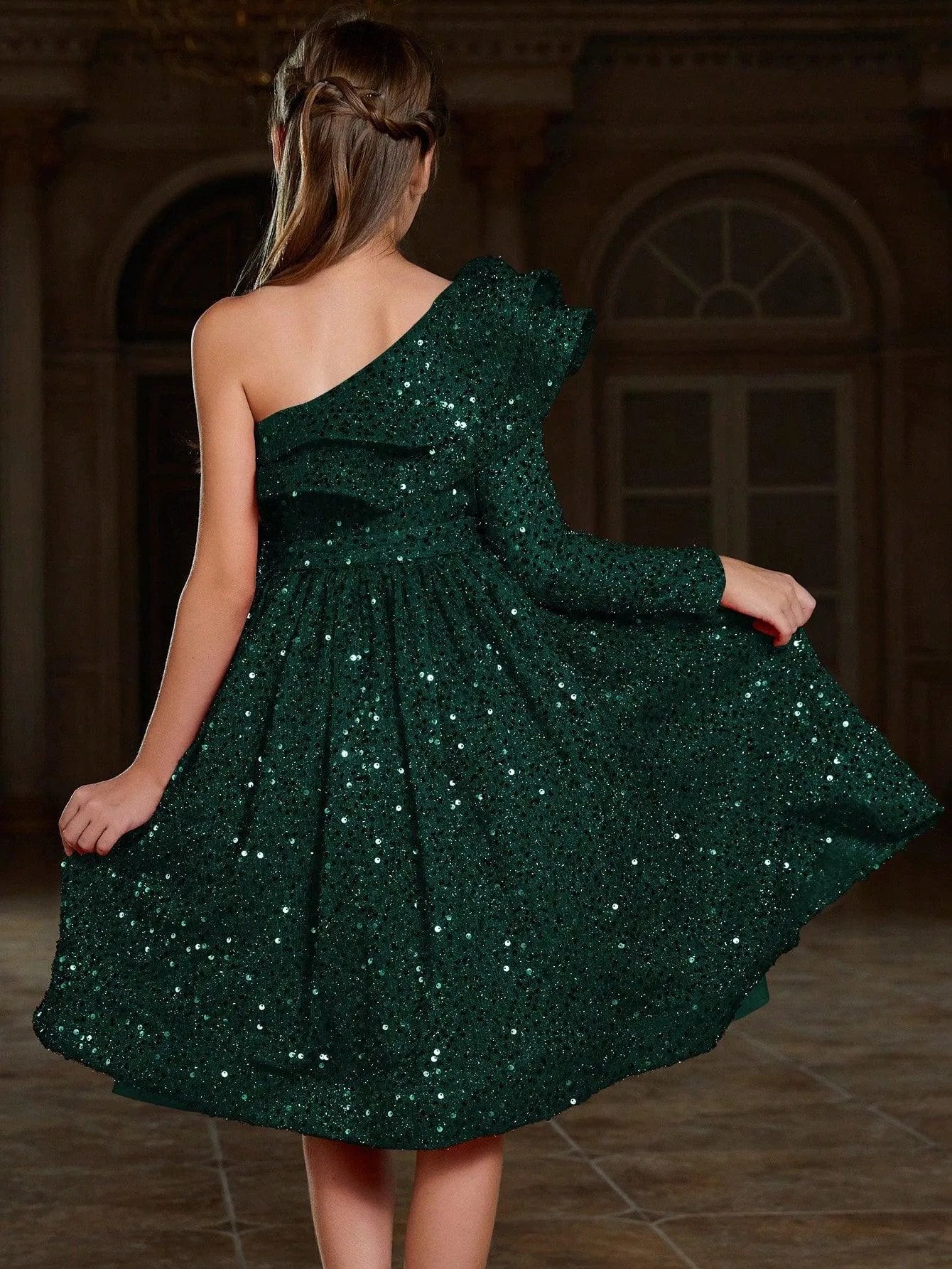 Additional product view of Ruffle Trim One-Shoulder Sequin A-Line Midi Tween Girls' Party Dress