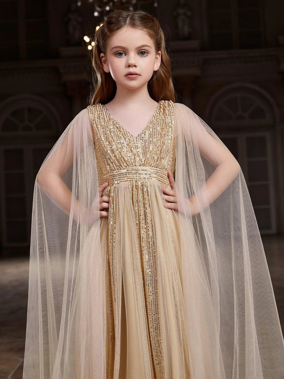 Additional product view of Contrast Mesh Cape-Sleeve V-Neck Sequin A-Line Tween Girls' Party Dress