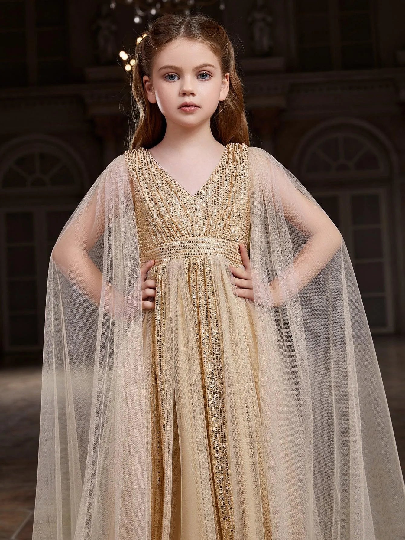 Additional product view of Contrast Mesh Cape-Sleeve V-Neck Sequin A-Line Tween Girls' Party Dress