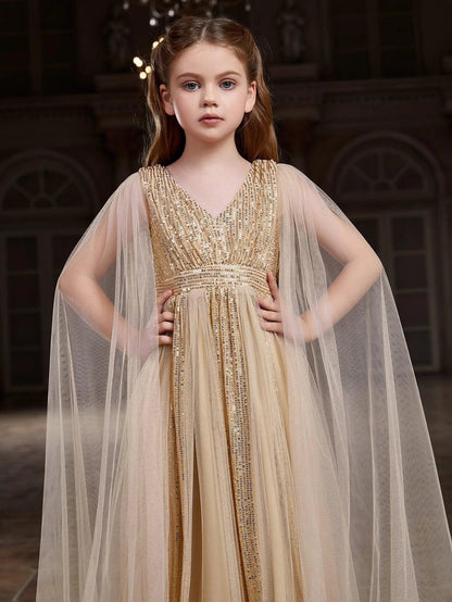 Additional product view of Contrast Mesh Cape-Sleeve V-Neck Sequin A-Line Tween Girls' Party Dress