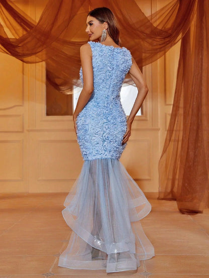 Round Neck 3D Floral Sleeveless Mermaid Evening Gown — authorized product image 4
