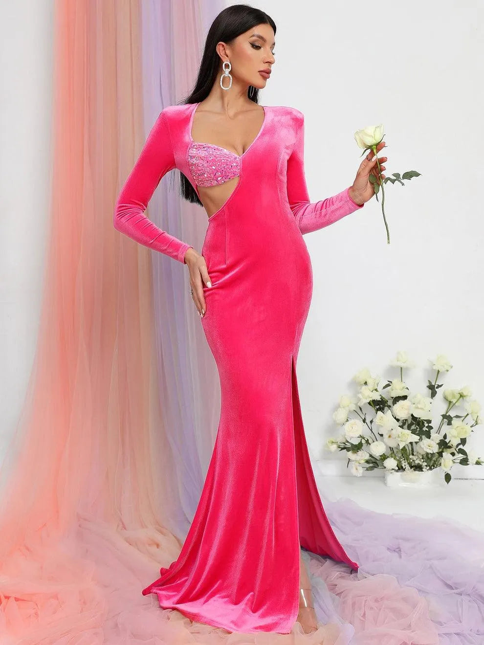 Additional product view of Velvet Cutout Mermaid Long-Sleeve Maxi Evening Gown