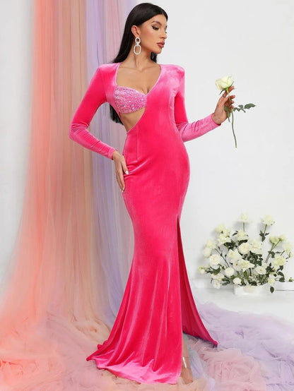 Additional product view of Velvet Cutout Mermaid Long-Sleeve Maxi Evening Gown