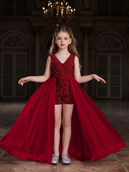 Alternate view of Mesh Overlay V-Neck Sequin Sleeveless Tween Girls' Formal Romper in Red