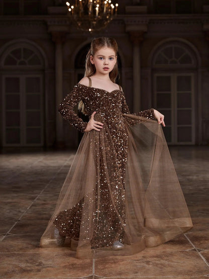 Mesh Overlay Off-Shoulder Sequin Mermaid Long-Sleeve Tween Girls' Party Dress in Coffee