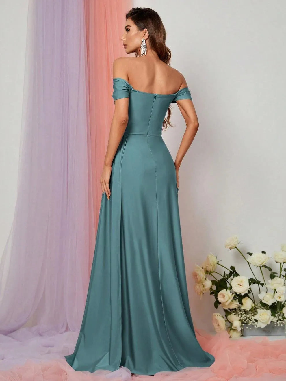 Additional product view of Draped Side High-Slit Off-Shoulder Knit Mermaid Evening Gown