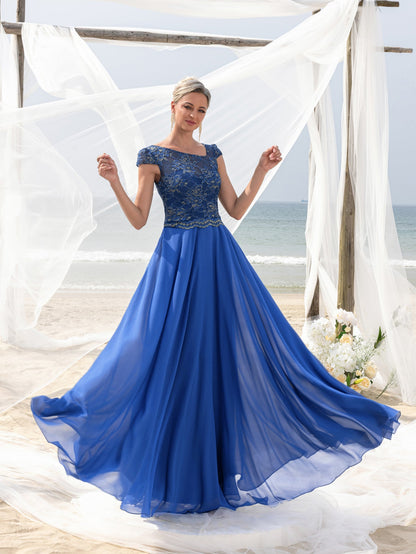 Women's Elegant Evening Gown: Embroidered Lace Bodice & Flowing Chiffon Skirt – Diagonal Neckline & Cap Sleeves Formal Dress