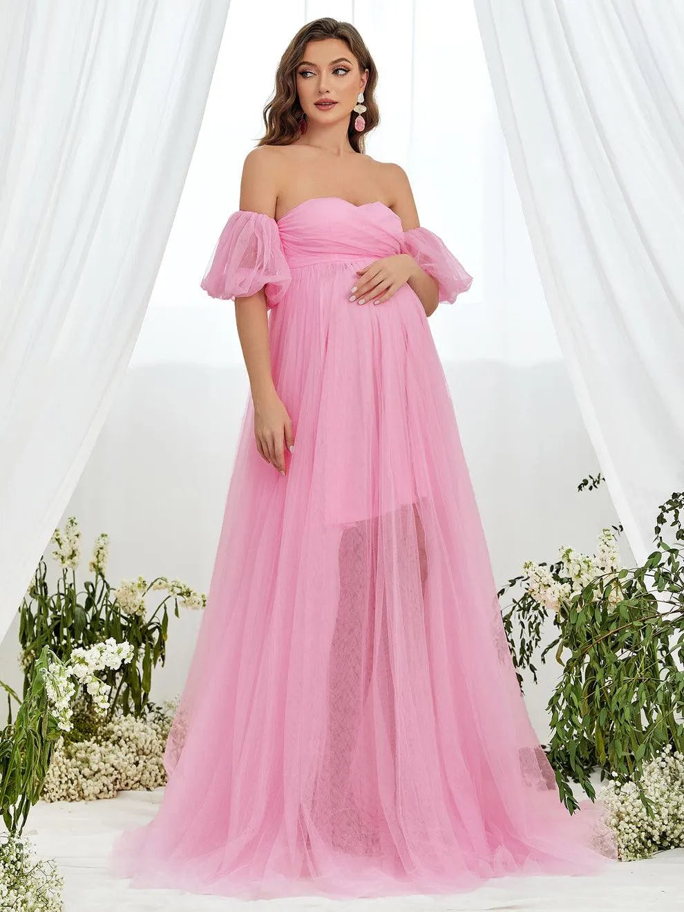 Additional product view of Mesh Overlay Puff-Sleeve Off-Shoulder A-Line Maxi Maternity Evening Dress