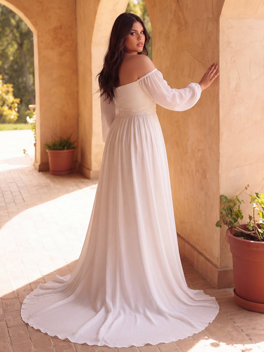 Plus-Size Off-Shoulder Chiffon Lantern-Sleeve A-Line Wedding Gown — authorized product image 2