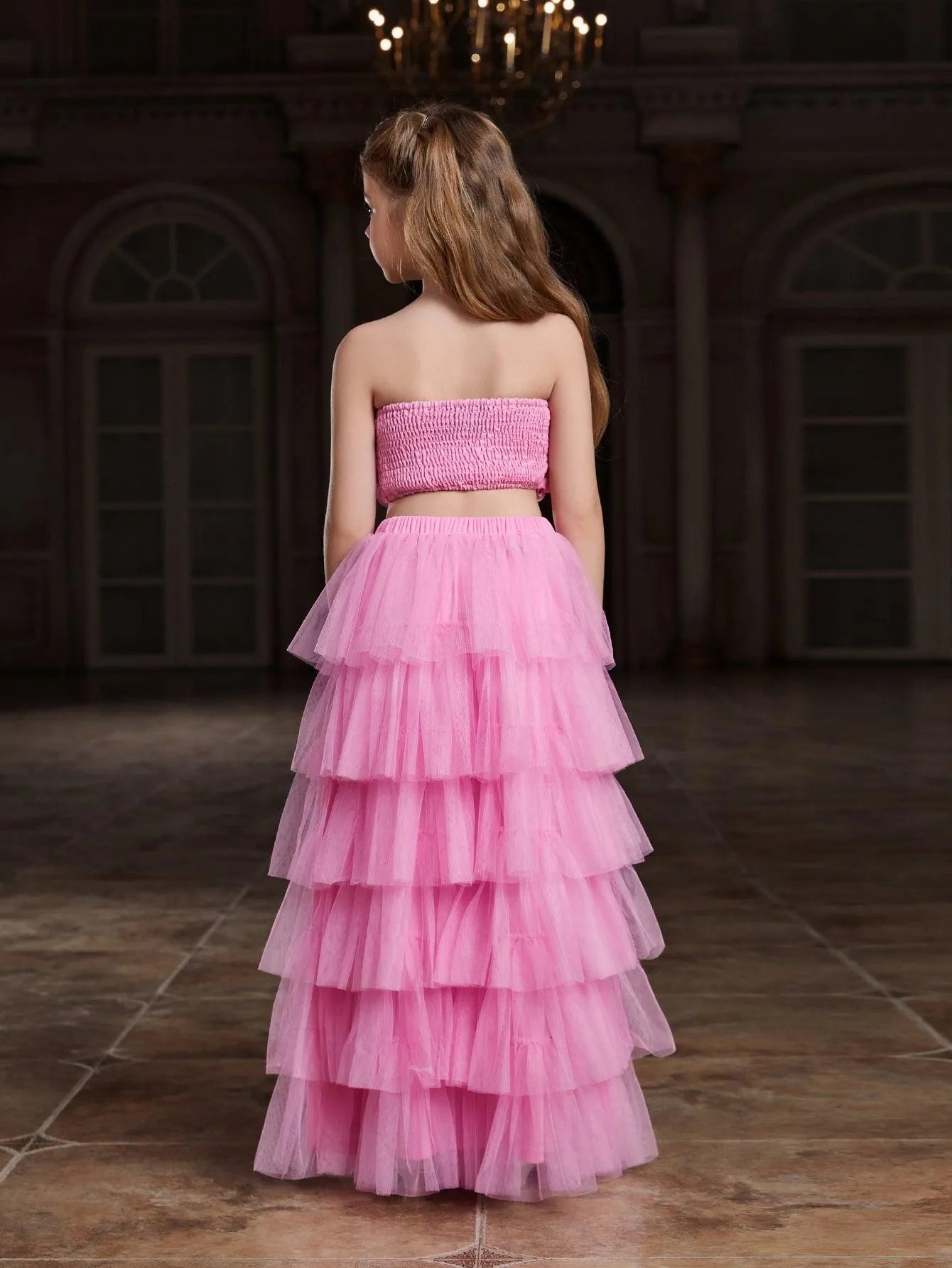 Additional product view of Strapless Mesh 3D-Flower A-Line Sleeveless Girls' Two-Piece Formal Set