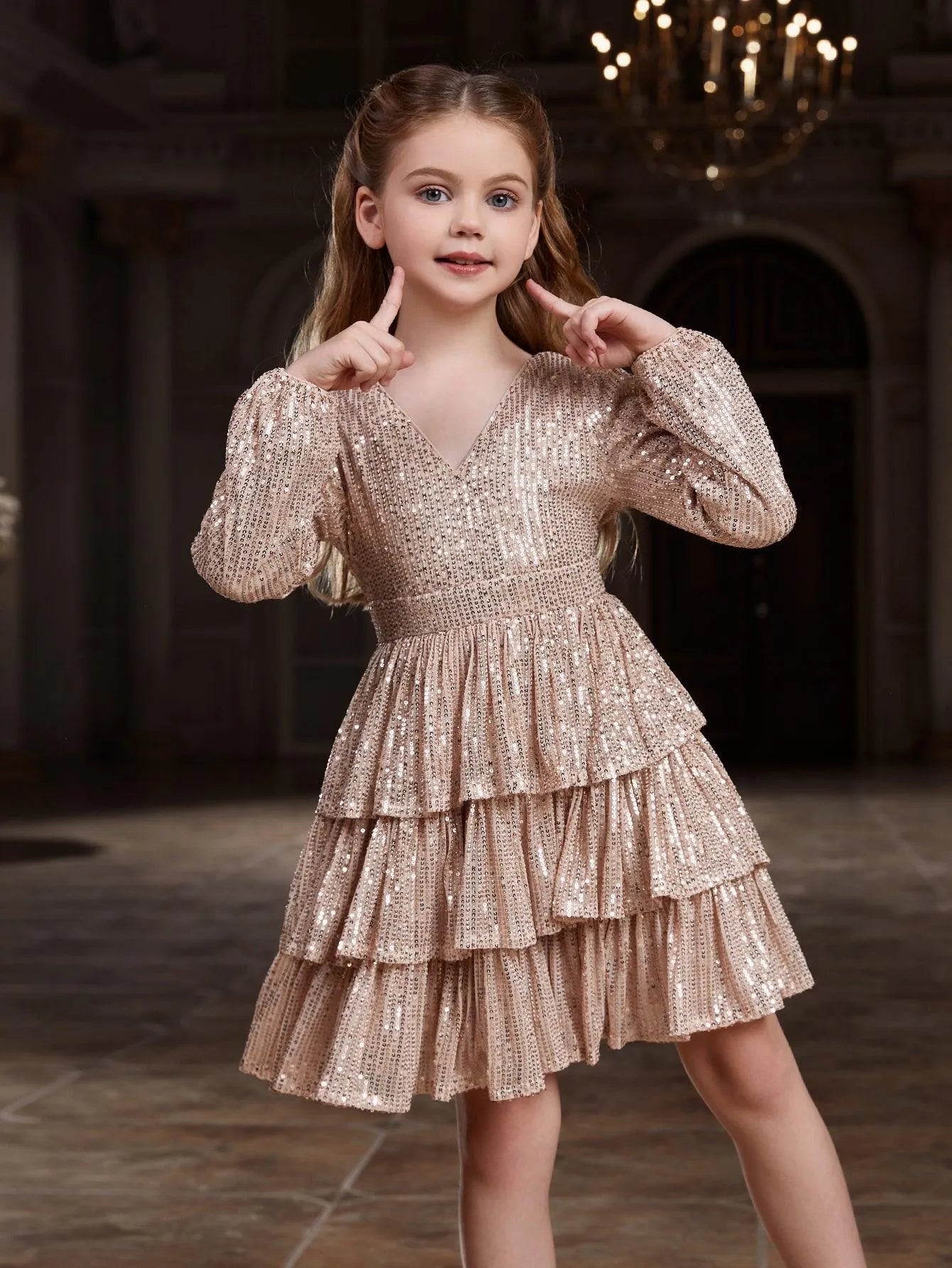 Tween Girls' V-Neck Sequin Long-Sleeve A-Line Formal Dress — authorized product image 5