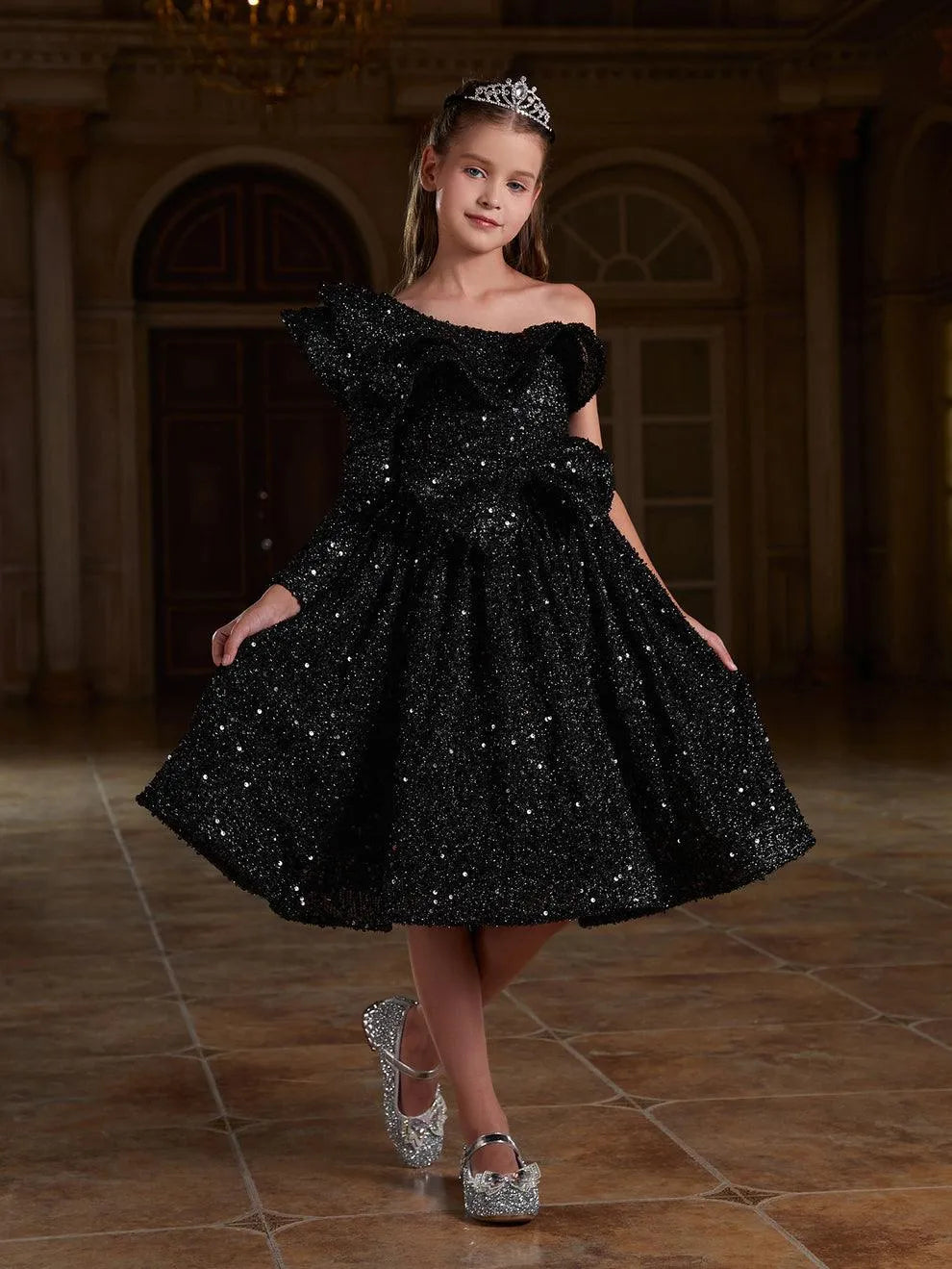 Additional product view of Ruffle Trim One-Shoulder Sequin A-Line Midi Tween Girls' Party Dress
