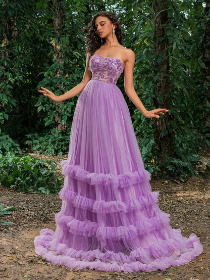 Floral Sequin Bodice Cascading Ruffle Hem Tulle Prom Dress — authorized product image 1