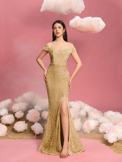 Mermaid Hem Off-Shoulder Sequin Short-Sleeve Maxi Teen Girls' Party Dress in Champagne
