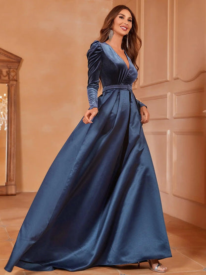 Additional product view of Surplice-Neck Belted V-Neck Satin A-Line Evening Gown