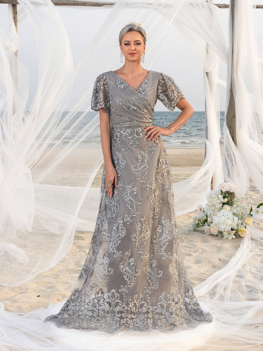 Additional product view of Lace V-Neck Short-Sleeve A-Line Maxi Mother-of-the-Bride Dress